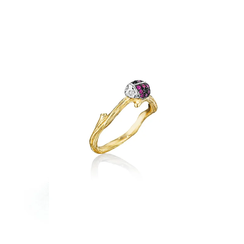 women's engagement ring with side stones -Wonderland Ladybug Twig Ring