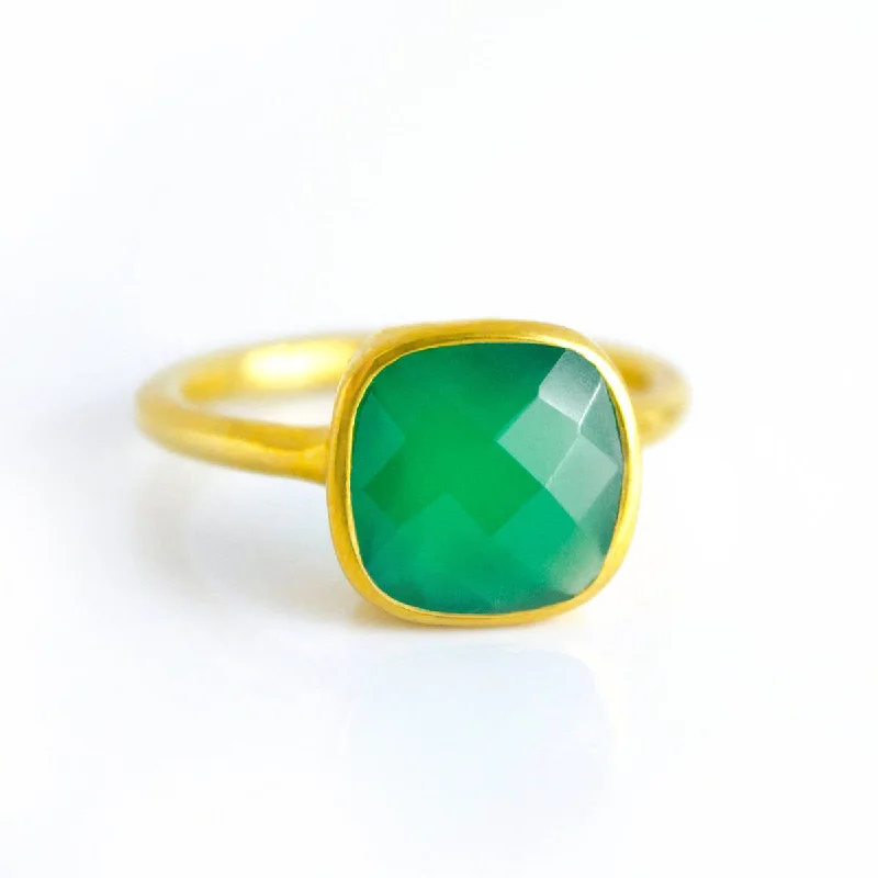 women's engagement ring with four-prong setting -Green Onyx Square Cushion Bezel Stacking Ring: May Birthstone