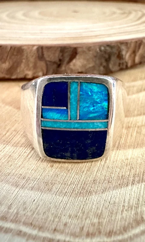 women's engagement ring with vintage halo -LOVE IN BLUE Multi Stone & Sterling Native American Inlay Mens Ring • Sizes 10, 10.5