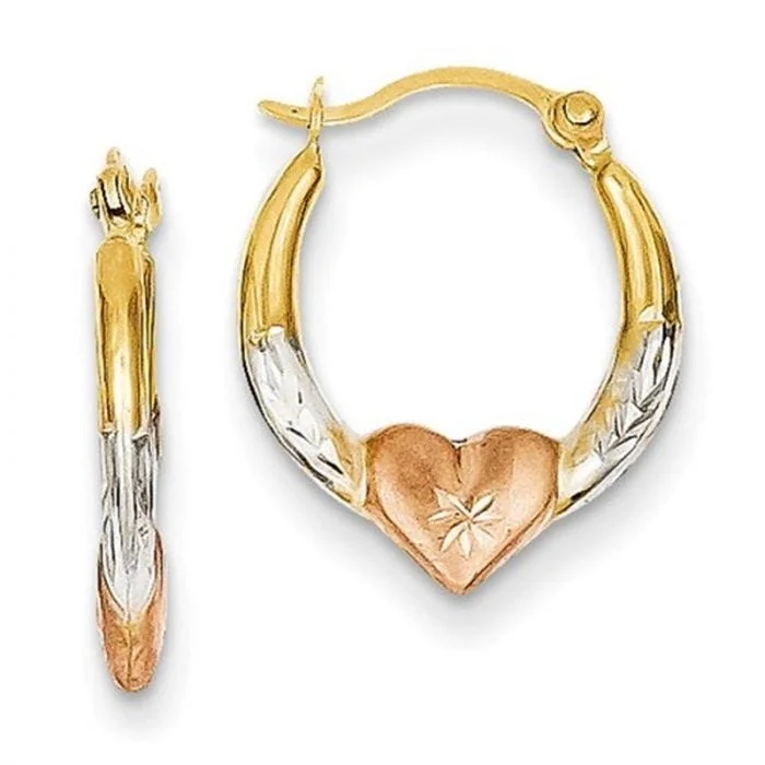 women's bridal earrings -14K Tri-Colored Gold 3mm Madi K Heart Hoop Earrings