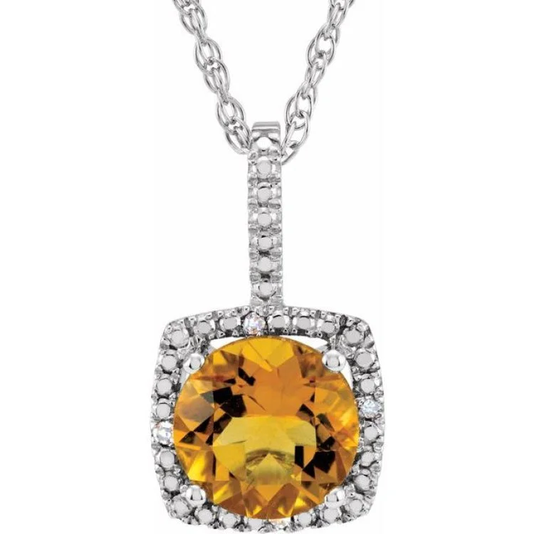 women's sapphire necklace -Sterling Silver 7 mm Natural Citrine & .015 CTW Natural Diamond 18" Necklace