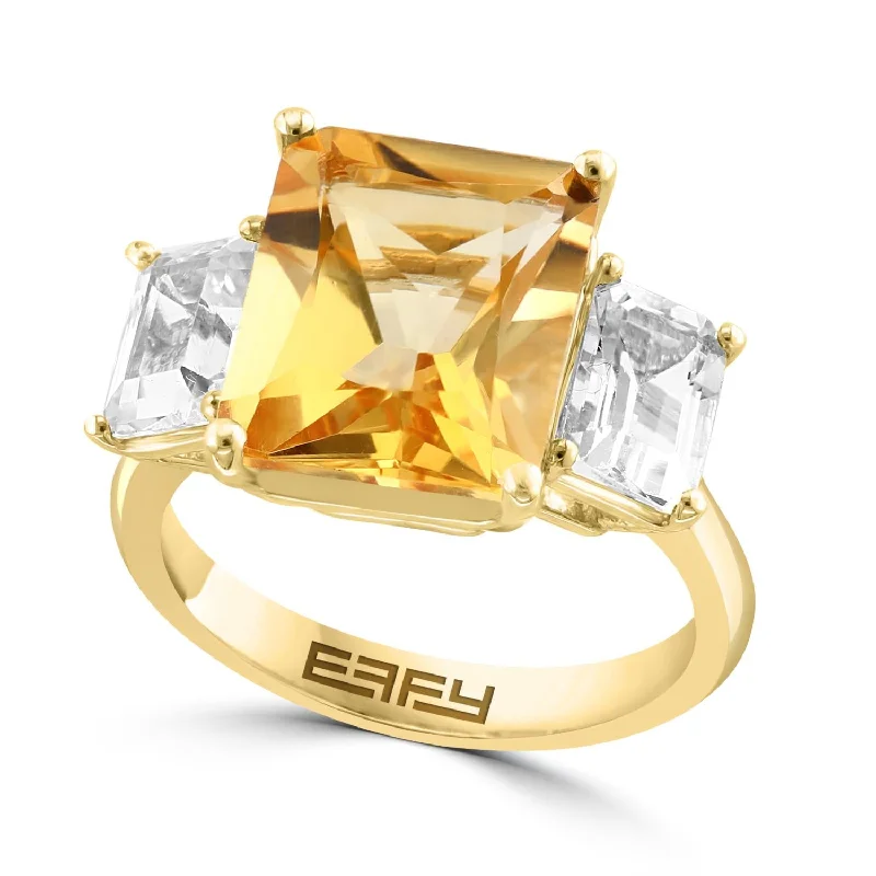 women's engagement ring with bold solitaire -EFFY 12X10MM Emerald Shape Citrine and White Topaz Fashion Ring in 14KT Yellow Gold