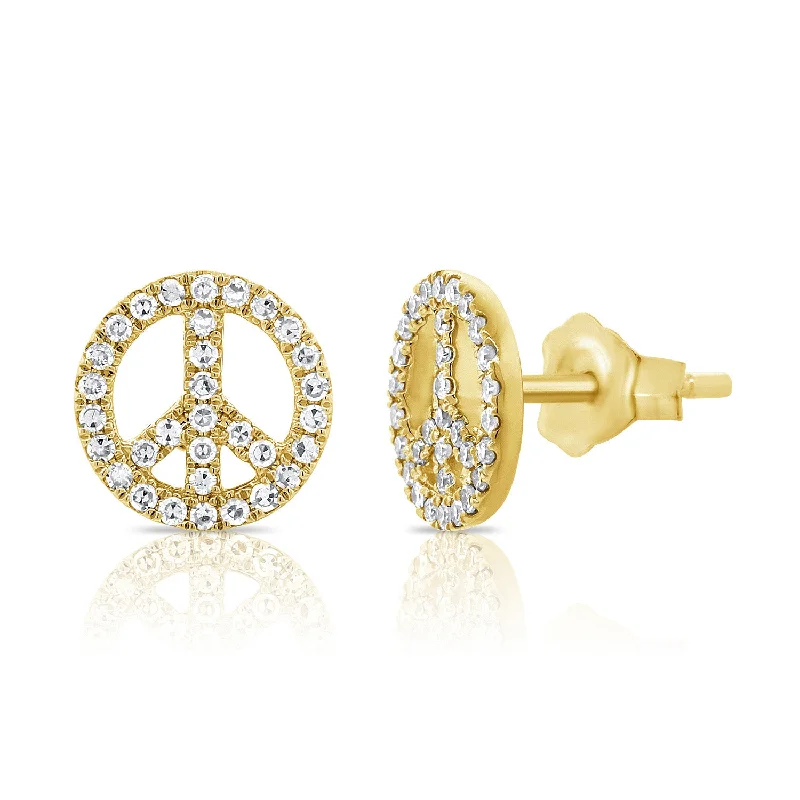 women's bar drop earrings -14K Gold Peace Sign Studs with Diamonds