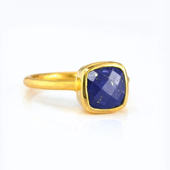 women's engagement ring with custom design -Lapis Lazuli Cushion Square Bezel Stacking Ring: September Birthstone