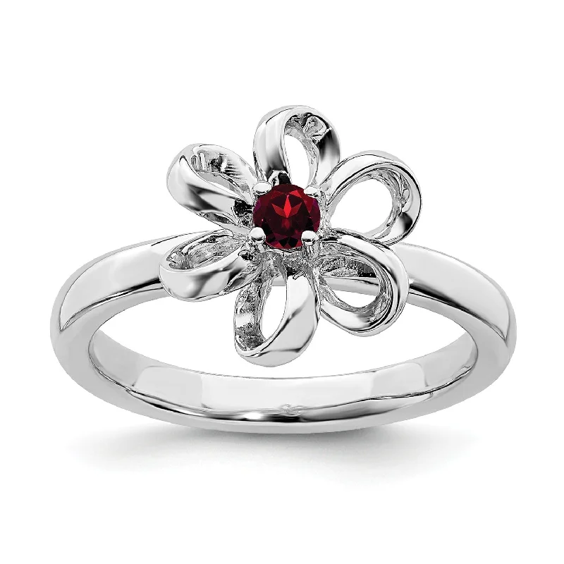 women's engagement ring with emerald -Sterling Silver Stackable Expressions Polished Garnet Flower Ring