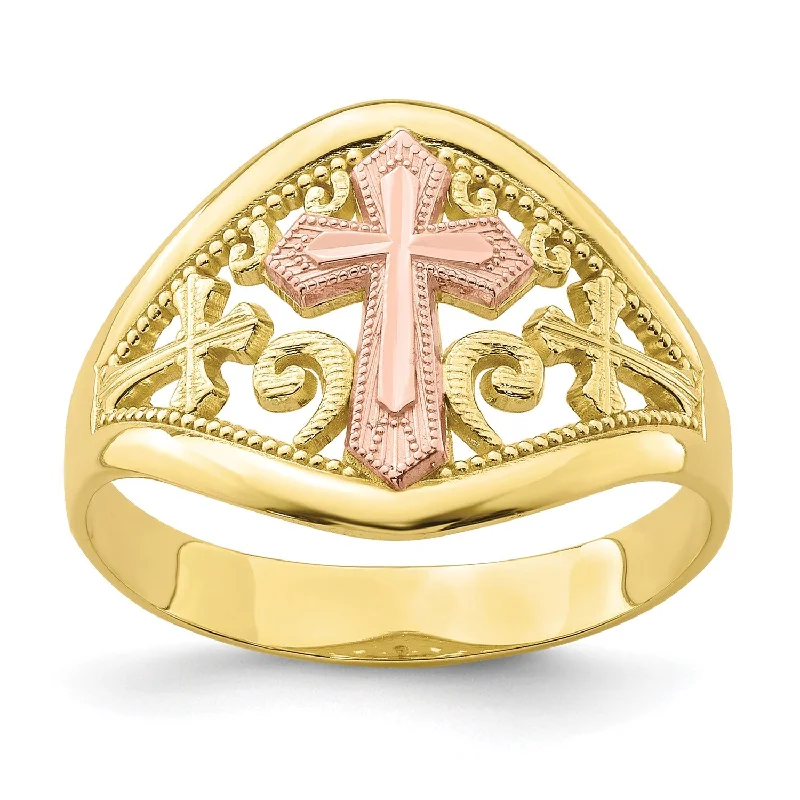 women's engagement ring with heart-shaped diamond -10KT Yellow and Rose Gold Cross Ring; Size 7