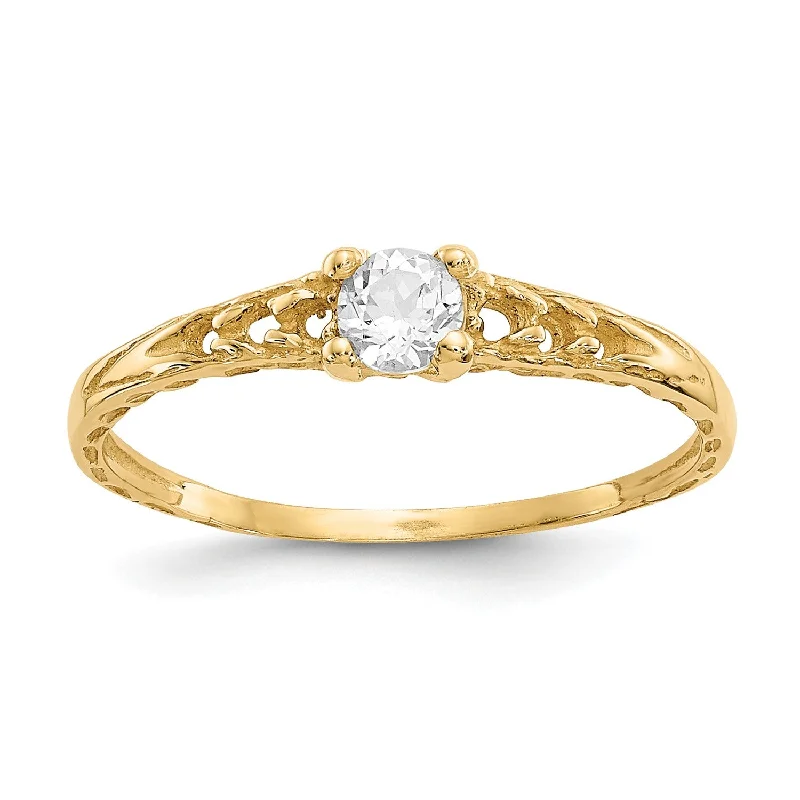 women's engagement ring with twist design -14KT Yellow Gold 3MM Round White Topaz Birthstone Baby Ring; Size 3