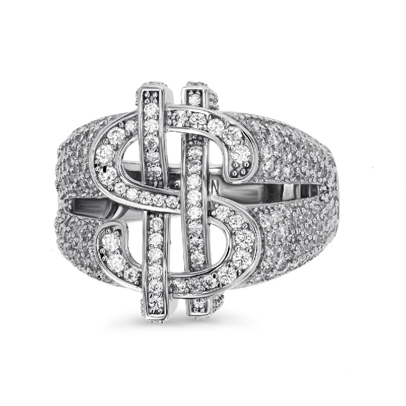 women's engagement ring with pear-shaped diamond -Sterling Silver and Cubic Zirconia Dollar Sign Iced Out Ring