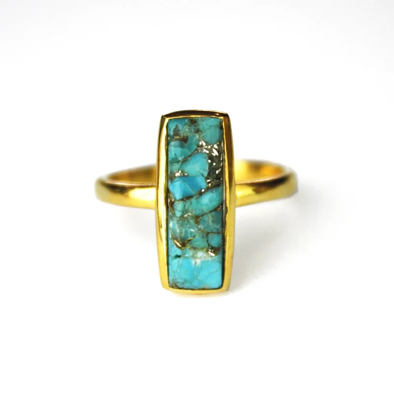 women's engagement ring with rose-cut diamond -Copper Turquoise Bar Ring : December Birthstone