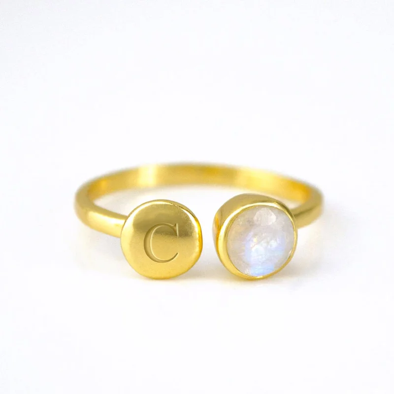 women's engagement ring with vintage halo -Custom Initial Adjustable Rainbow Moonstone Ring, June Birthstone