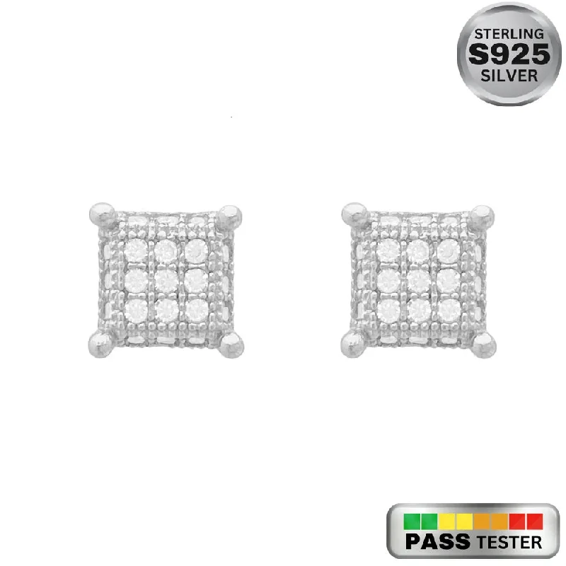 women's pearl stud earrings -Moissanite Diamond Square Studded Sterling Silver Earrings in White/Yellow Gold