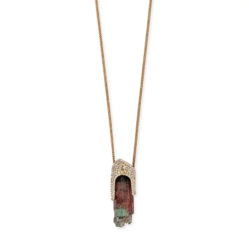 women's pendant chain necklace -TEARDROP DIAMOND PAVE CAP + RAW WATERMELON TOURMALINE CRYSTAL NECKLACE