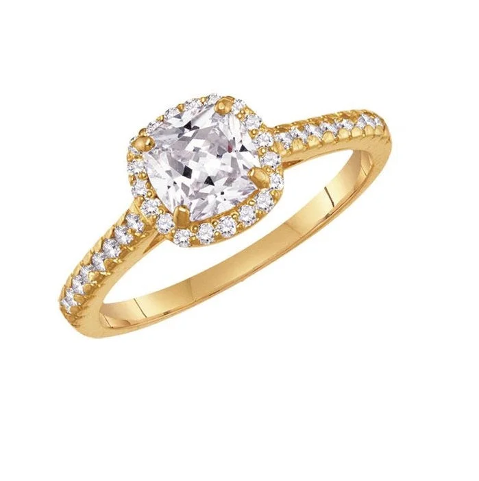 women's engagement ring with twist band -6MM Cushion White Topaz and White Sapphire Birthstone Ring in 10KT Yellow Gold