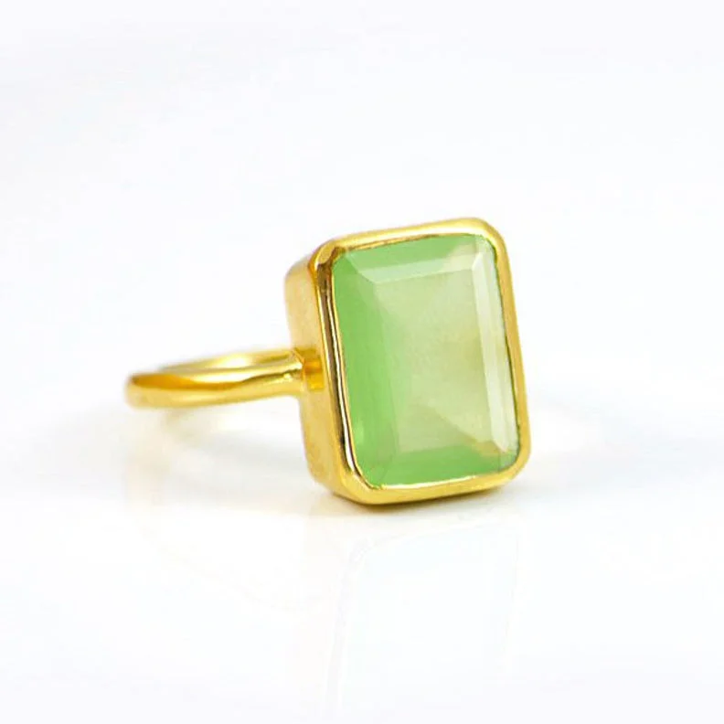 women's engagement ring with custom band -Green Chalcedony rectangle bezel set ring:August Birthstone