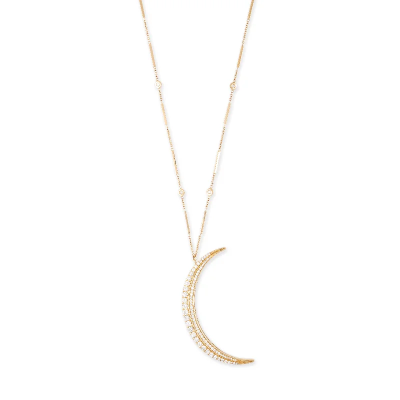 women's adjustable necklace -LARGE GRADUATED DIAMOND SLIVER CRESCENT MOON SMOOTH BAR NECKLACE