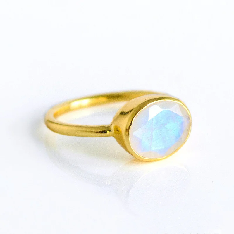 women's engagement ring with black gold band -Oval Rainbow Moonstone Ring : June Birthstone