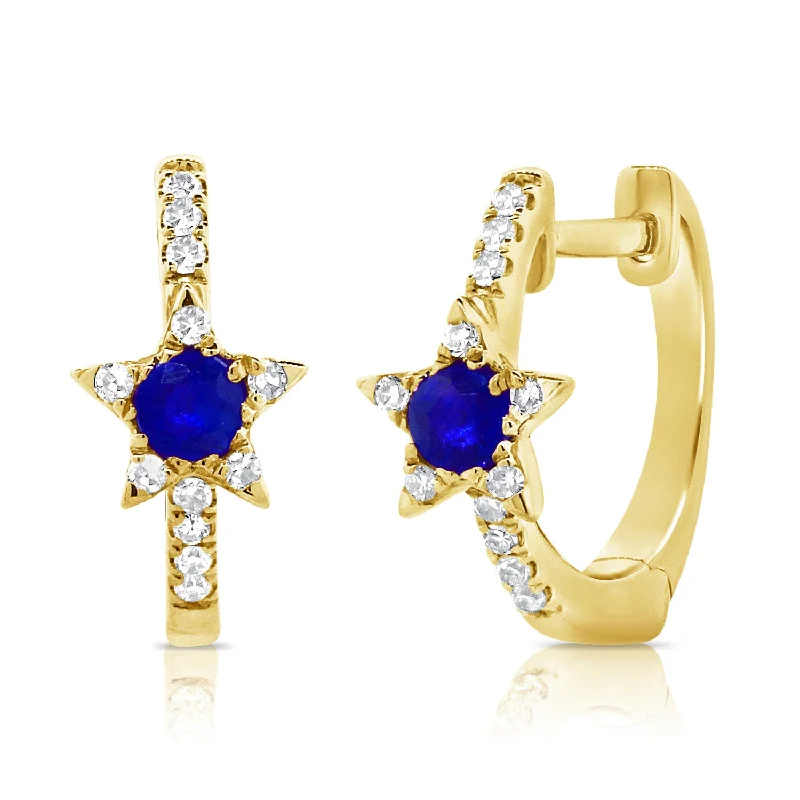 women's dangle earrings -Sapphire & Diamond Star Huggies