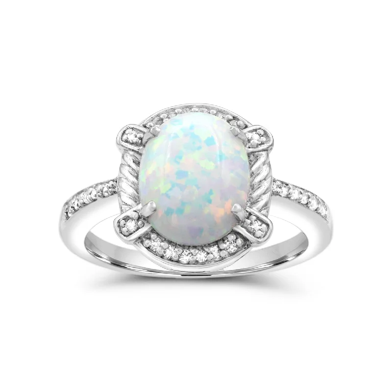 women's engagement ring with eternity band -10X8MM Created Opal and White Sapphire Ring in Sterling Silver