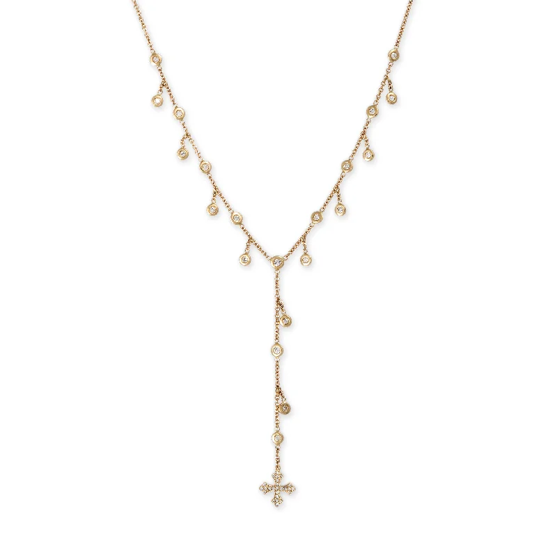 women's twisted chain necklace -PAVE SQUARE CROSS BOTTOM + SHAKER DIAMOND Y NECKLACE