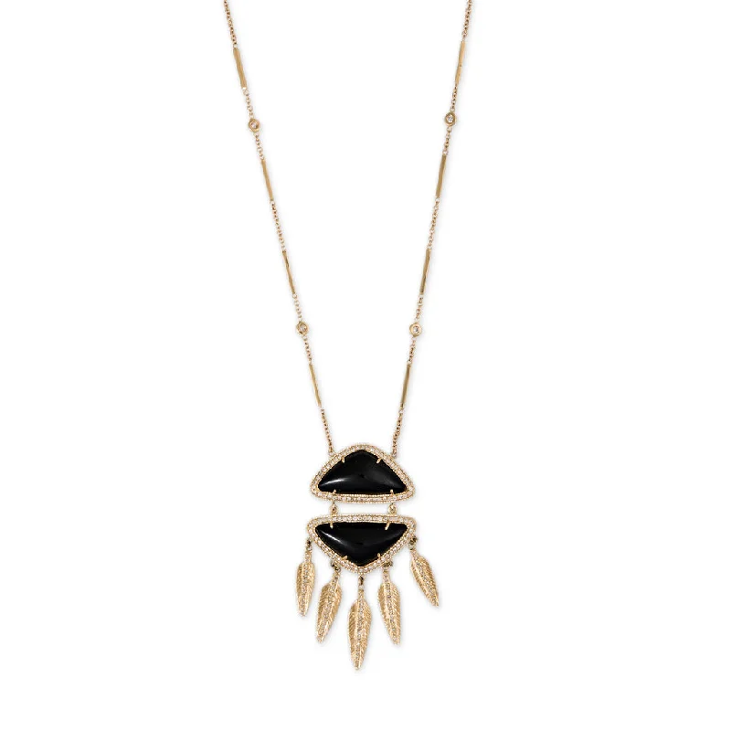 women's snake chain necklace -ONYX PAVE DIAMOND DOUBLE TRIANGLE FEATHER SHAKER NECKLACE