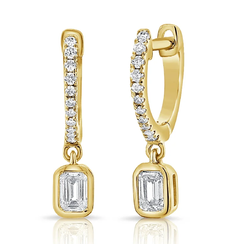 women's fashion earrings -14K BEZEL & CHANNEL SET HUGGIE W/ CHARM