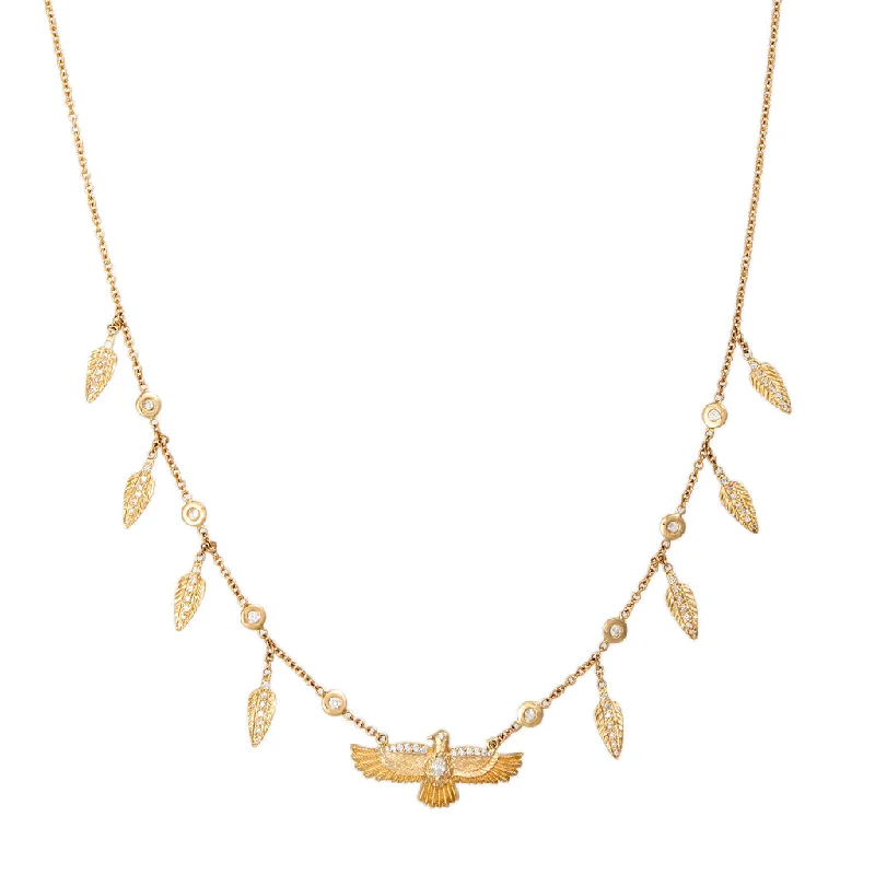 women's jade necklace -PAVE MARQUISE DIAMOND CENTER THUNDERBIRD + FEATHER SHAKER NECKLACE