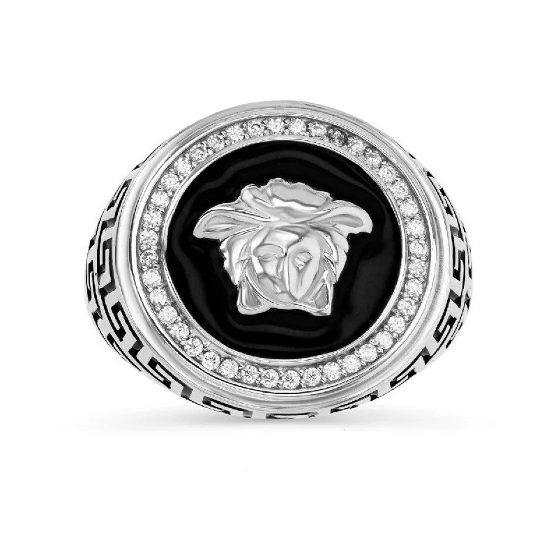 women's engagement ring with V-shaped band -Luxe Layers Sterling Silver Cubic Zirconia Black Enamel Medusa Ring