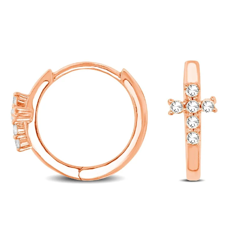 women's charm earrings -10K Rose Gold 1/8 Ctw Diamond Cross Hoop Earrings