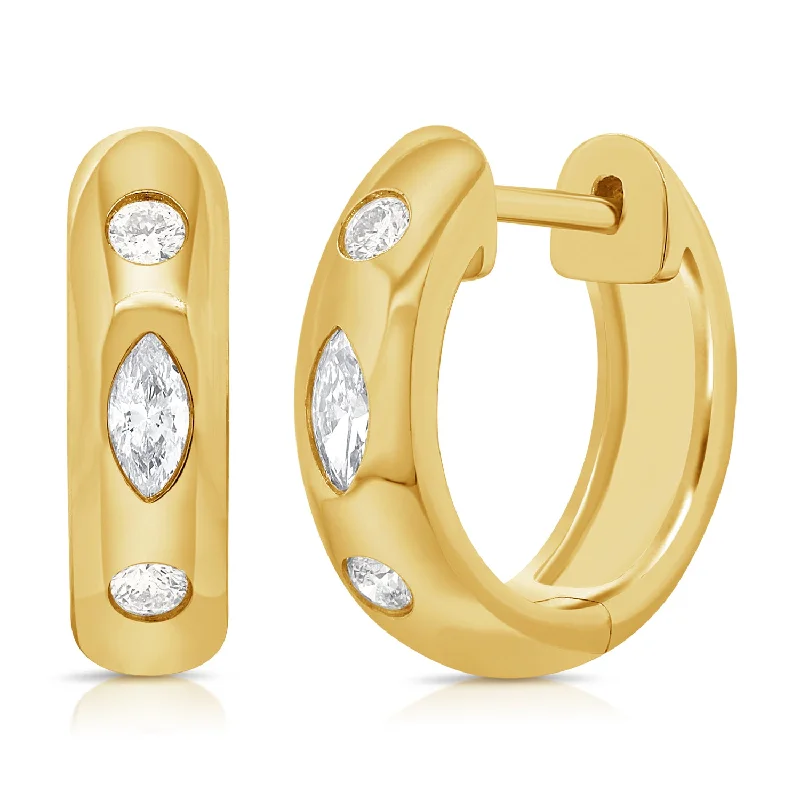 women's modern stud earrings -Modern Marquise and Round Diamond Hoop Earrings in 14K Gold