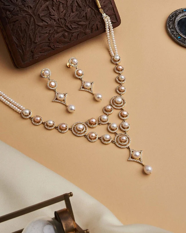 women's quartz necklace -Dual Tone Pearl and Stone Necklace Set