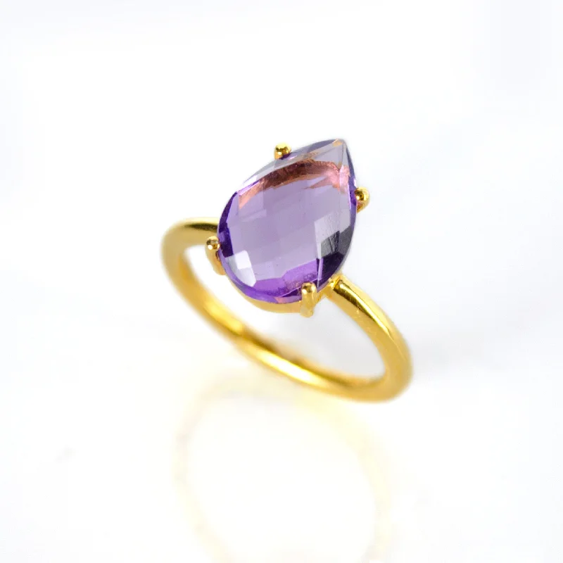 women's engagement ring with engraved band -Purple Amethyst Teardrop Prong Set Ring • February Birthstone