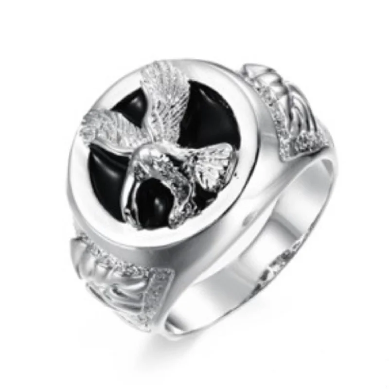 women's engagement ring with bold solitaire -Sterling Silver Black Enamel Eagle Ring