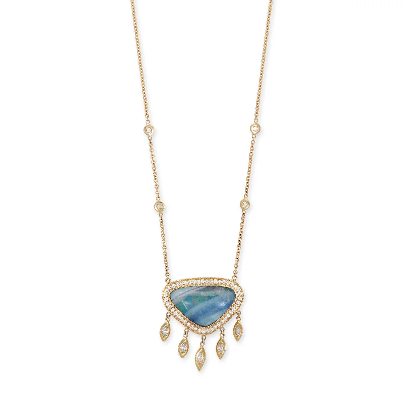 women's rope chain necklace -PAVE OMBRE BLUE OPAL TRILLION + MARQUISE DIAMOND SHAKER NECKLACE