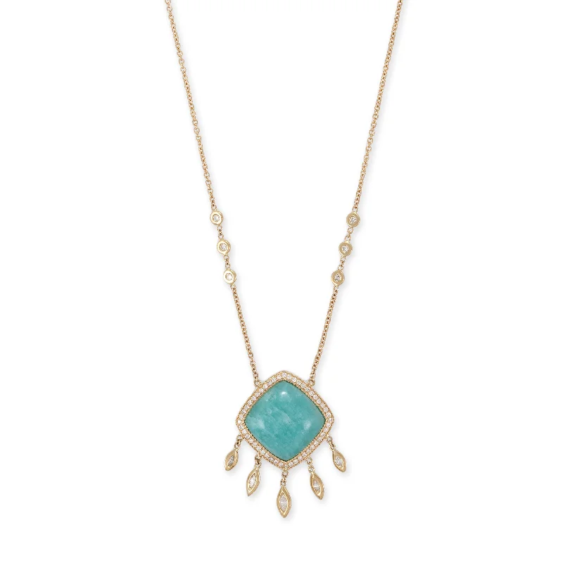 women's leather necklace -PAVE AMAZONITE TRILLION + 5 MARQUISE DIAMOND SHAKER NECKLACE