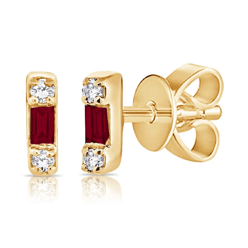 women's vintage hoop earrings -Ruby Baguette & Diamond Stud Earrings made in 14K Gold