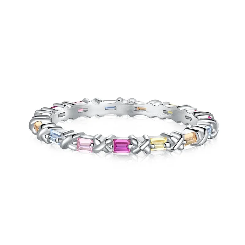 women's engagement ring with filigree band -Sterling Silver Multicolor Baguette Eternity Ring