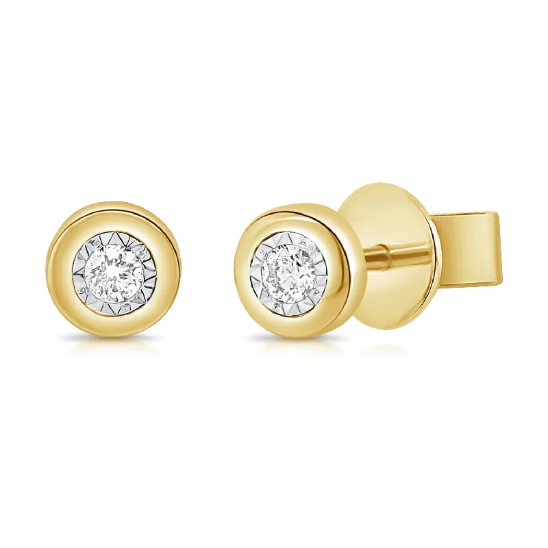 women's moon earrings -Bezel Set Round Diamond Studs with Miracle Setting in 14kt Gold