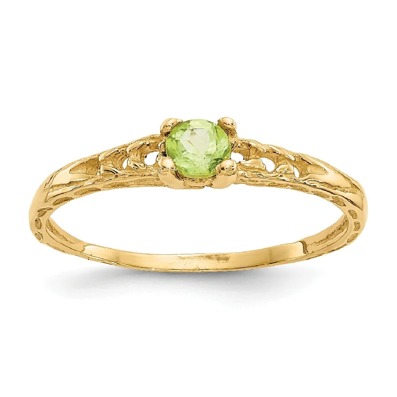 women's engagement ring with custom engraving -14KT Yellow Gold 3MM Round Peridot Birthstone Baby Ring; Size 3