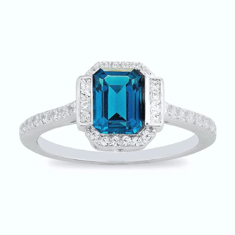 women's engagement ring with cushion cut -Sterling Silver Blue Cubic Zirconia Ring