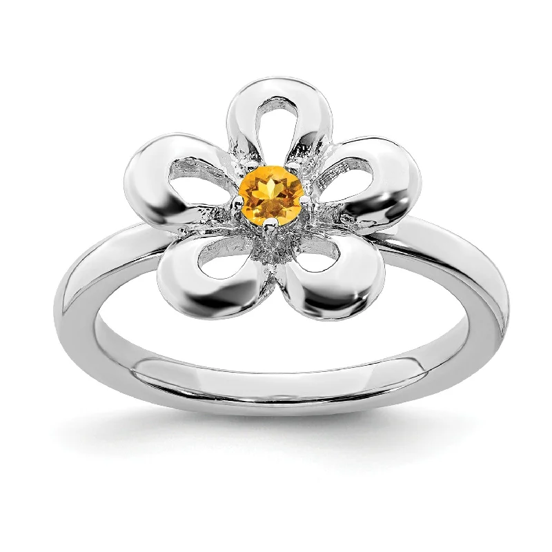 women's engagement ring with custom engraving -Sterling Silver Stackable Expressions Polished Citrine Flower Ring