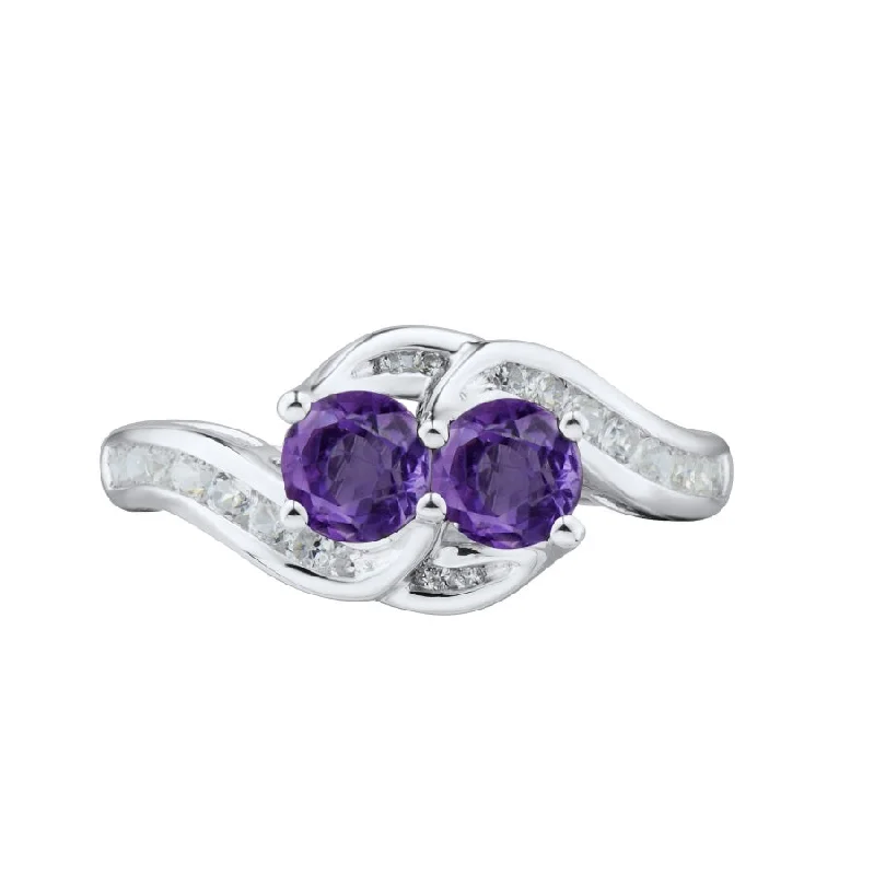 women's engagement ring with diamond band -Round Amethyst and White Sapphire Two Stone Ring in Sterling Silver