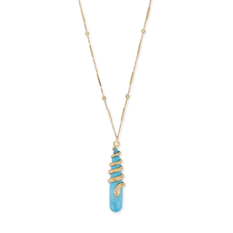 women's engraved necklace -DIAMOND SNAKE WRAPPED TURQUOISE DROPLET NECKLACE