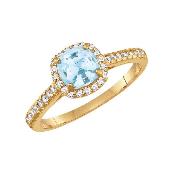 women's engagement ring with fancy color diamonds -6MM Simulated Aquamarine and White Sapphire Ring in 10KT Yellow Gold