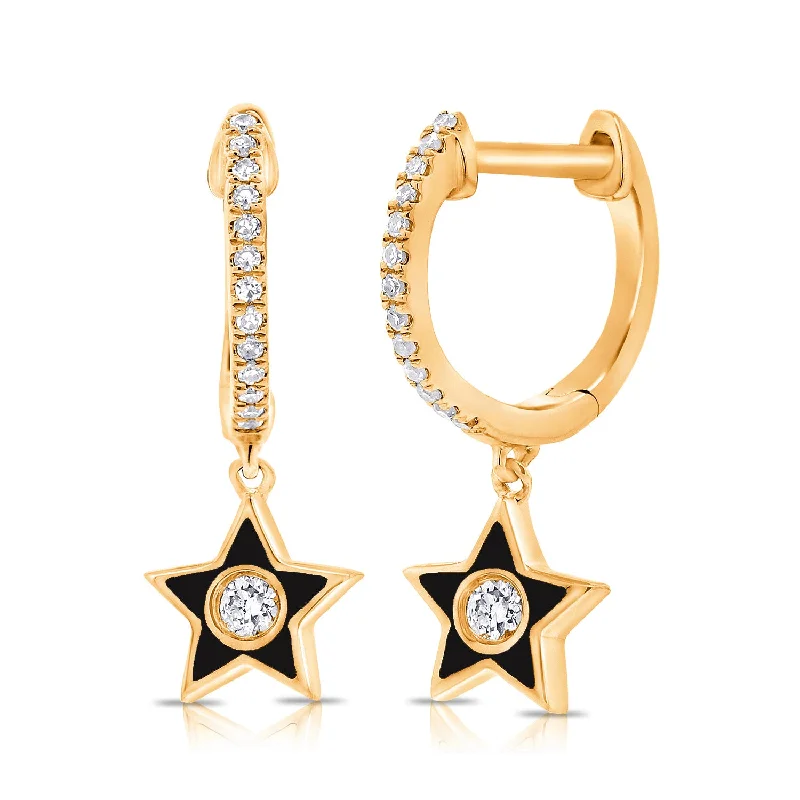 women's angel wing earrings -Diamond Star Huggie with Charm