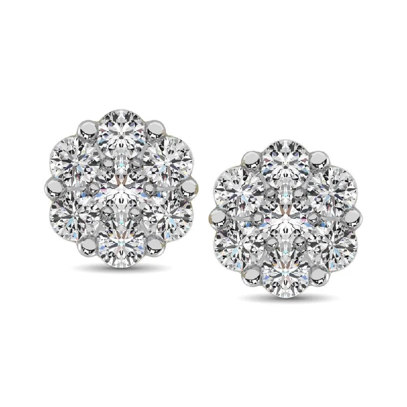 women's geometric earrings -14K White Gold Diamond Flower Studs Earrings