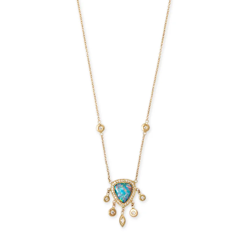 women's crystal pendant necklace -SMALL PAVE OPAL FREEFORM + MARQUISE AND ROUND DIAMOND SHAKER NECKLACE