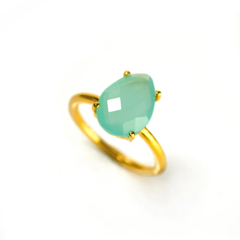 women's engagement ring with modern style -Aqua Chalcedony Teardrop Prong Set Ring • March Birthstone