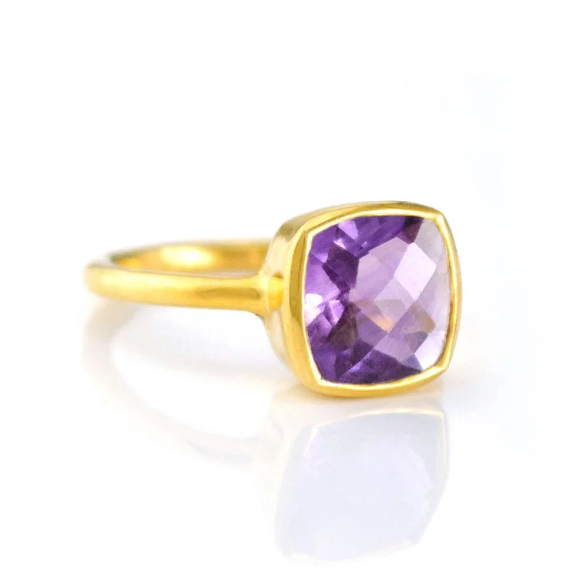 women's engagement ring with sapphire -Purple Amethyst Cushion Set Bezel Stacking Ring: February Birthstone