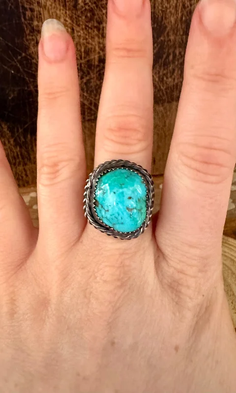 women's engagement ring with custom band -BARBED WIRE TURQUOISE Sterling Silver Ring • Size 8