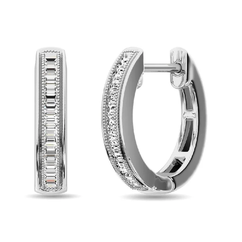 women's modern stud earrings -Diamond 1/6 Ct.Tw. Baguette Hoop Earrings in 10K White Gold